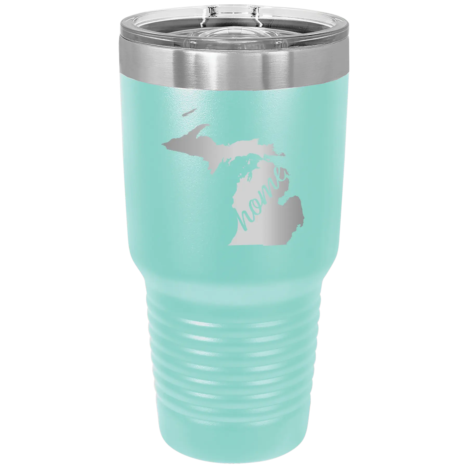 Laser etched teal 30 oz vacuum insulated tumbler with 'Michigan Home' design