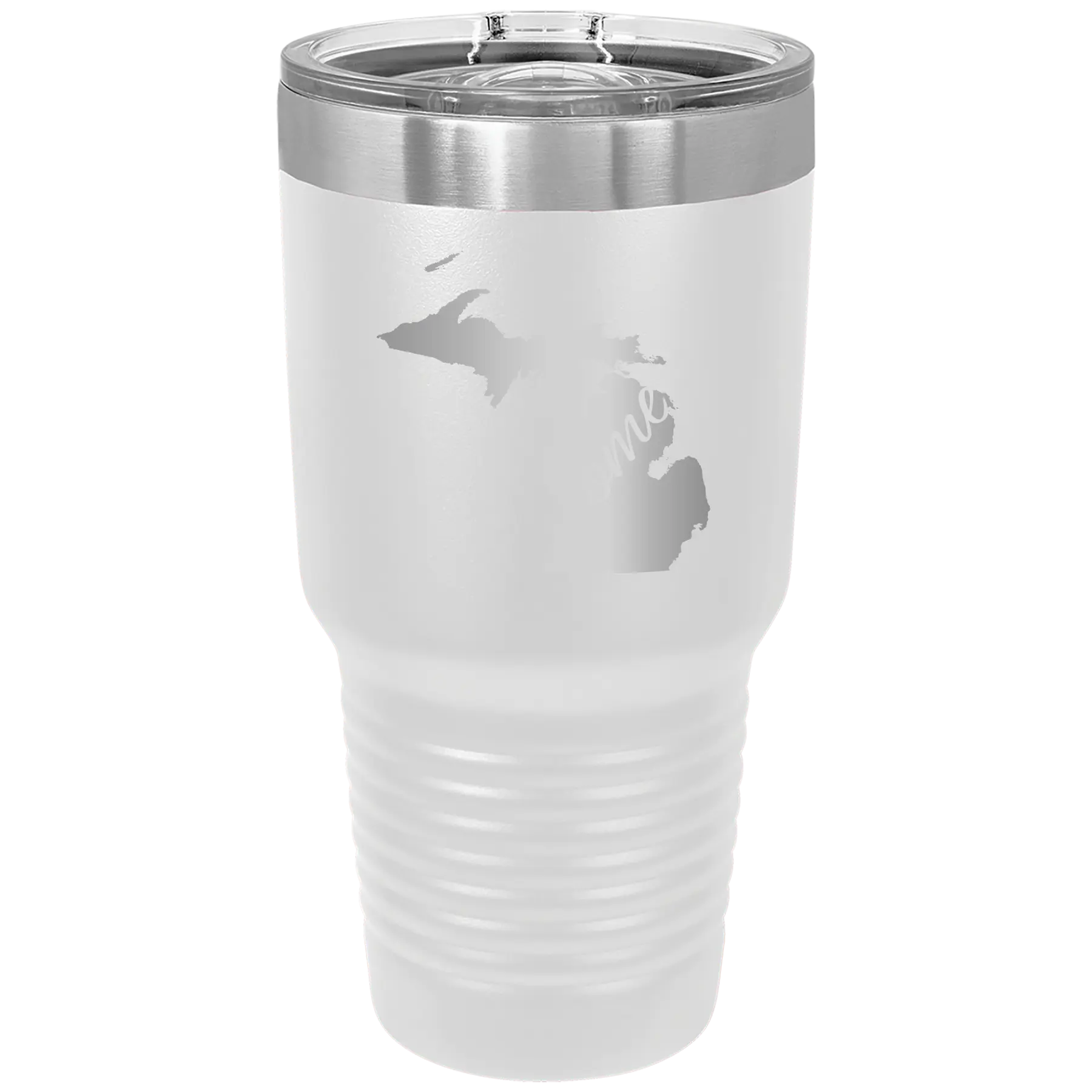 Laser etched white 30 oz vacuum insulated tumbler with 'Michigan Home' design