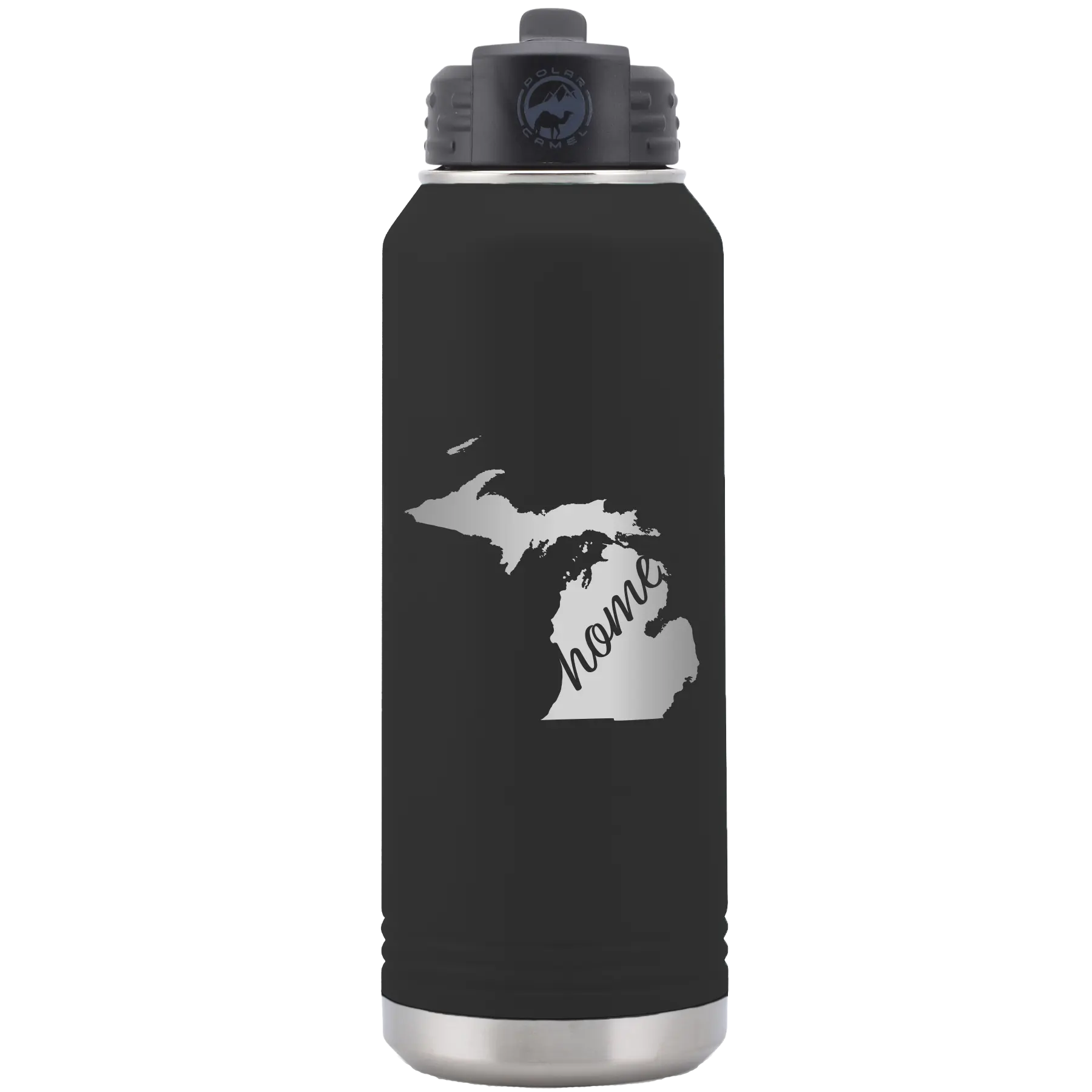 Laser etched black 32 oz vacuum insulated water bottle with 'Michigan Home' design