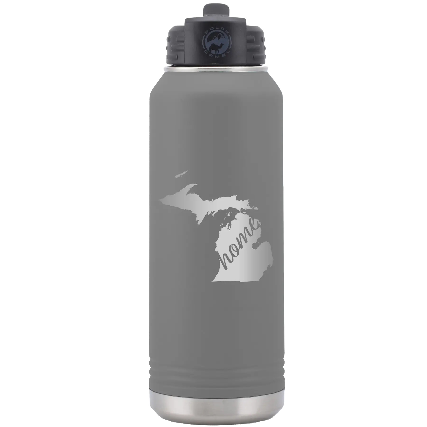Laser etched dark gray 32 oz vacuum insulated water bottle with 'Michigan Home' design