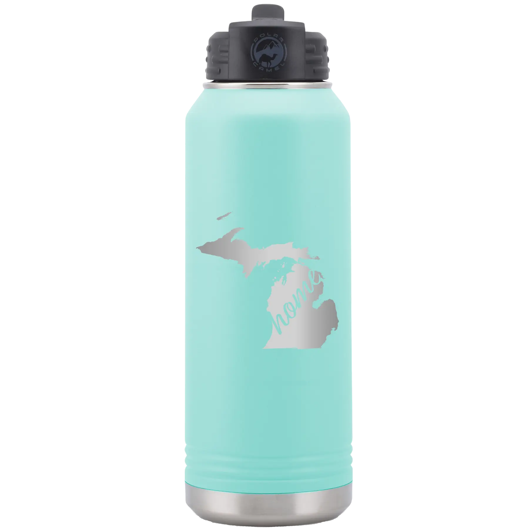 Laser etched teal 32 oz vacuum insulated water bottle with 'Michigan Home' design