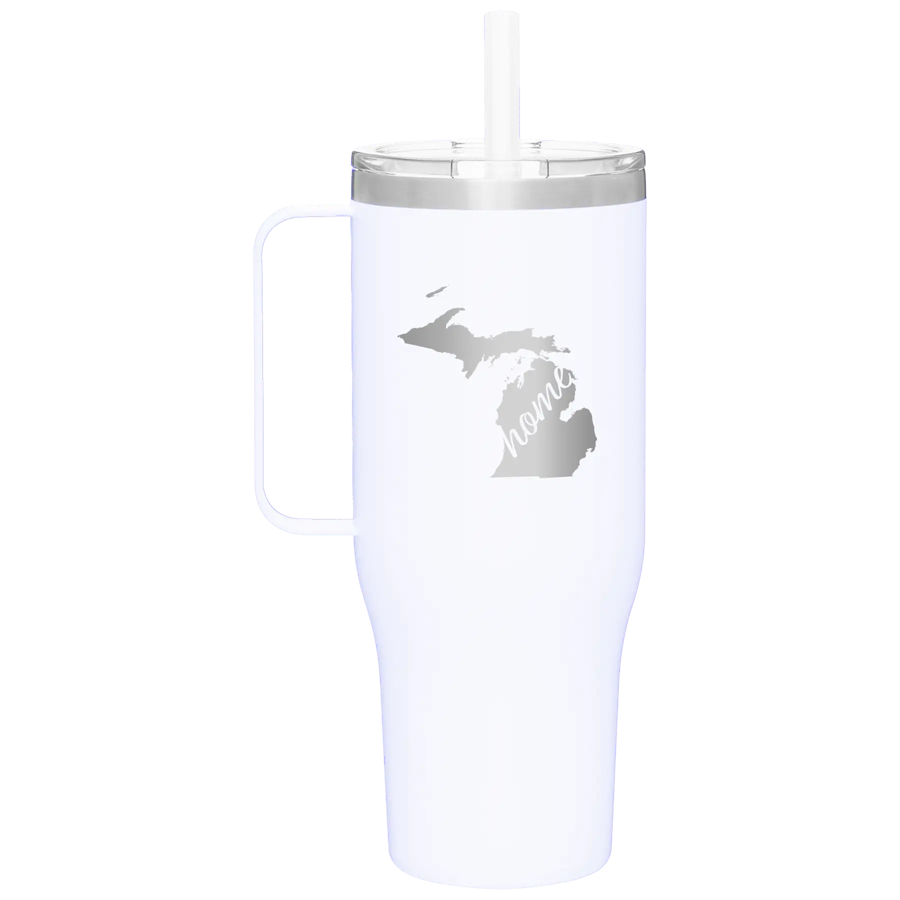 Laser etched white 40 oz vacuum insulated tumbler mug with 'Michigan Home' design