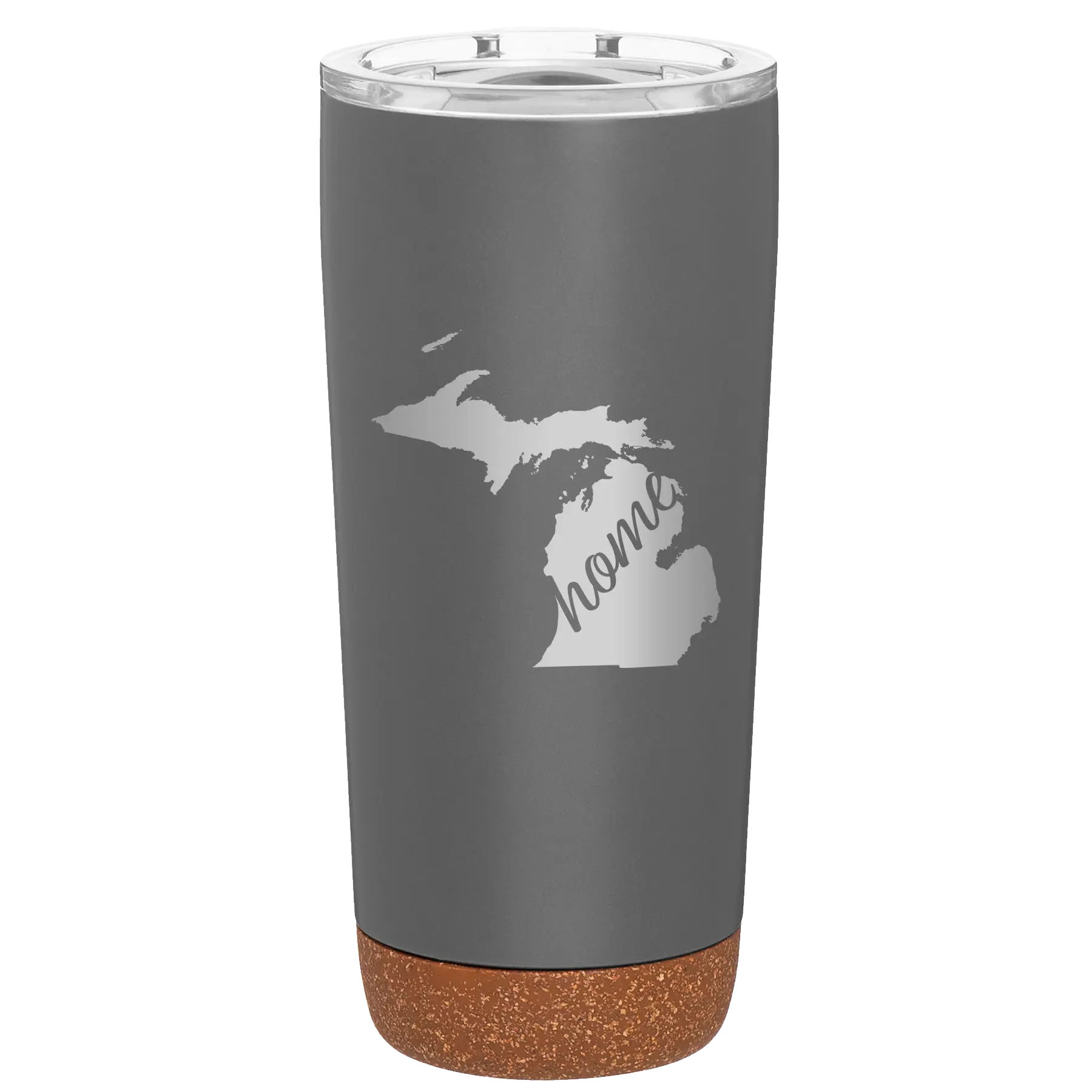 Laser etched storm gray 20 oz vacuum insulated tumbler with 'Michigan Home' design
