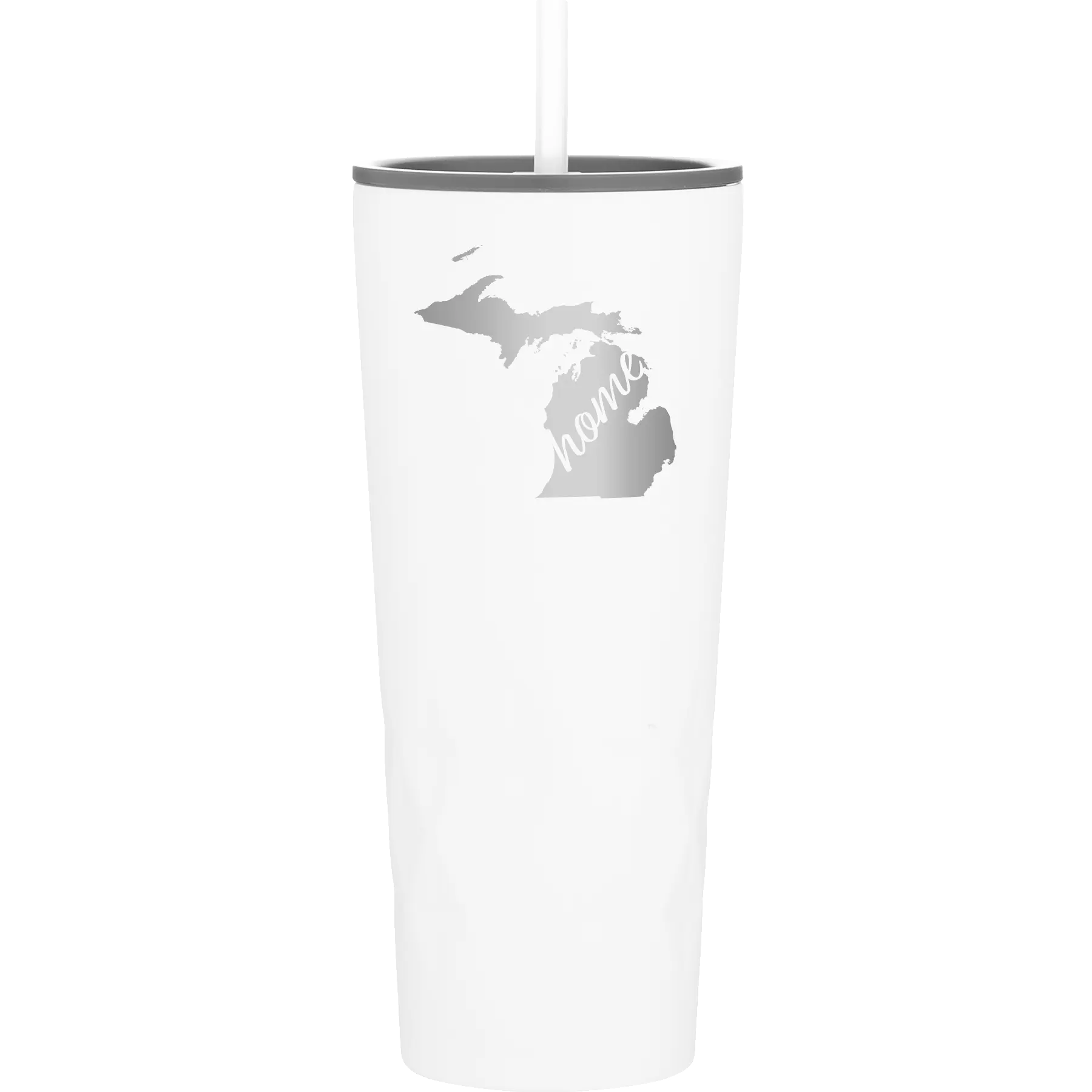 Laser etched white 20 oz vacuum insulated tumbler with 'Michigan Home' design