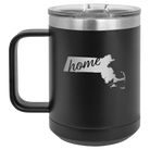 Laser etched black 15 oz vacuum insulated coffee mug with 'Massachusetts Home' design