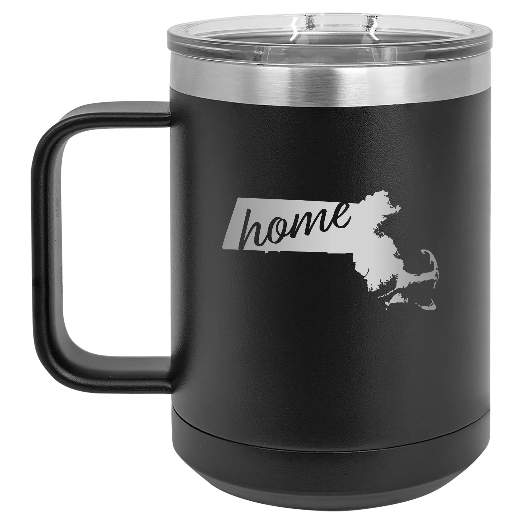 Laser etched black 15 oz vacuum insulated coffee mug with 'Massachusetts Home' design