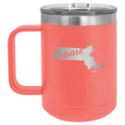 Laser etched coral 15 oz vacuum insulated coffee mug with 'Massachusetts Home' design