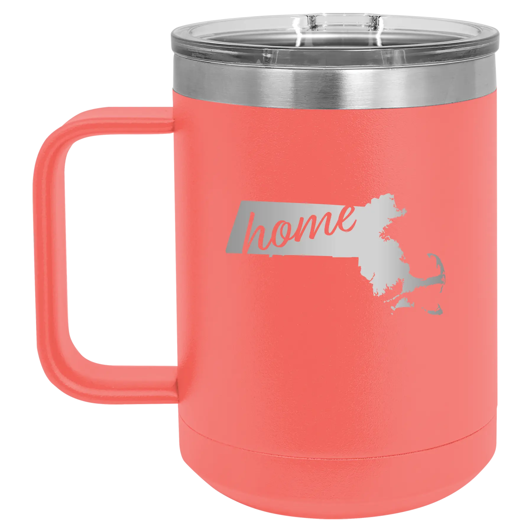 Laser etched coral 15 oz vacuum insulated coffee mug with 'Massachusetts Home' design