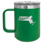 Laser etched green 15 oz vacuum insulated coffee mug with 'Massachusetts Home' design