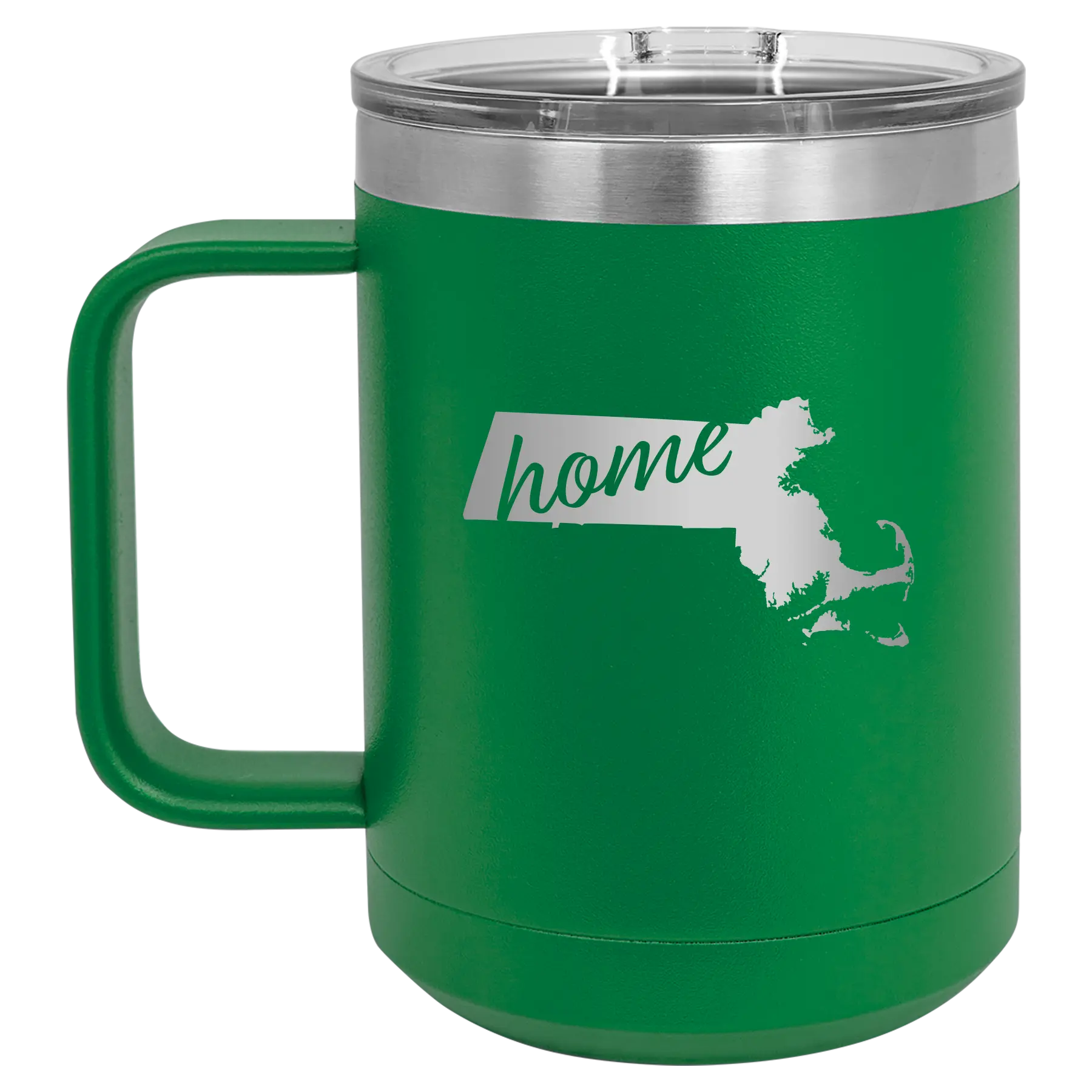 Laser etched green 15 oz vacuum insulated coffee mug with 'Massachusetts Home' design