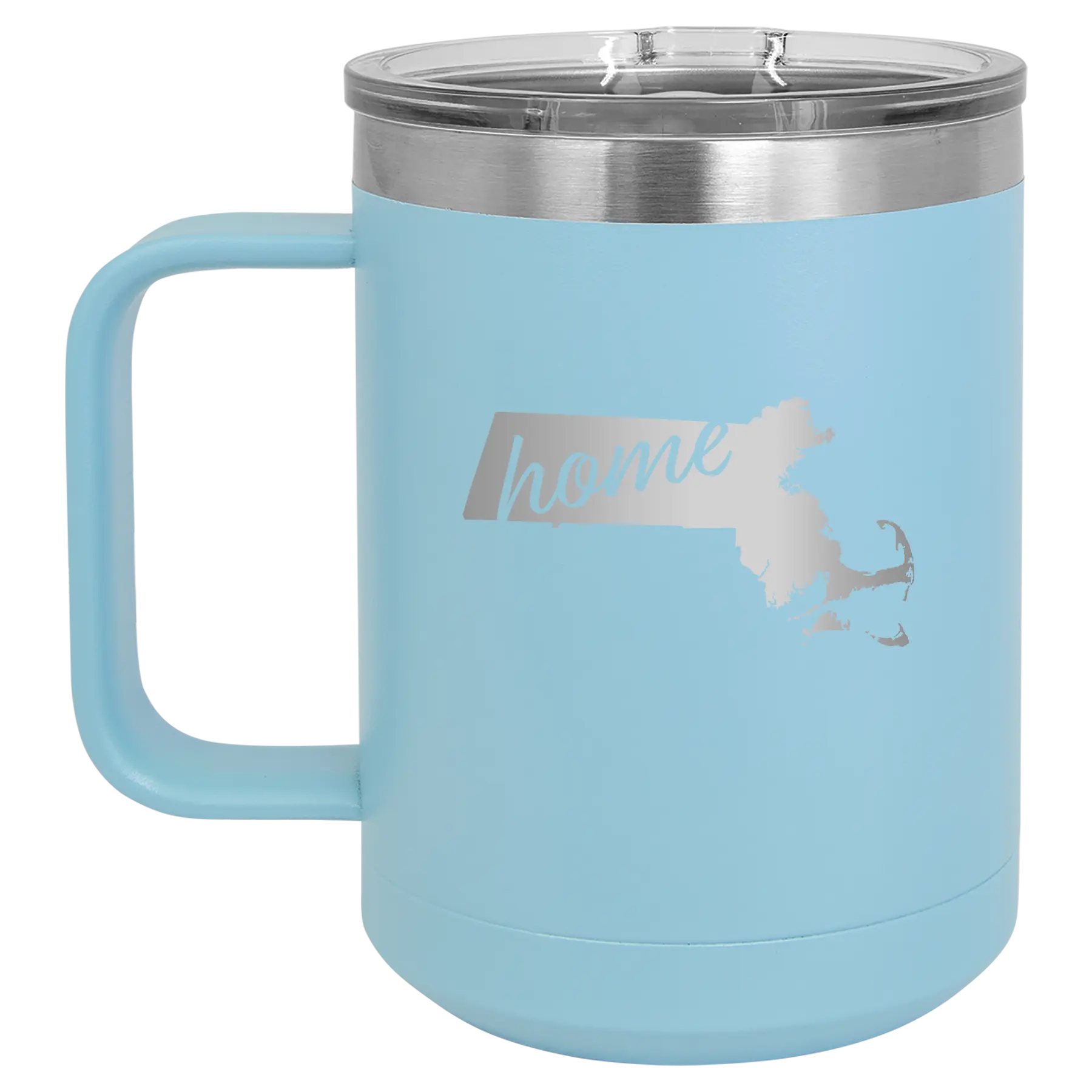 Laser etched light blue 15 oz vacuum insulated coffee mug with 'Massachusetts Home' design