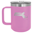 Laser etched light purple 15 oz vacuum insulated coffee mug with 'Massachusetts Home' design