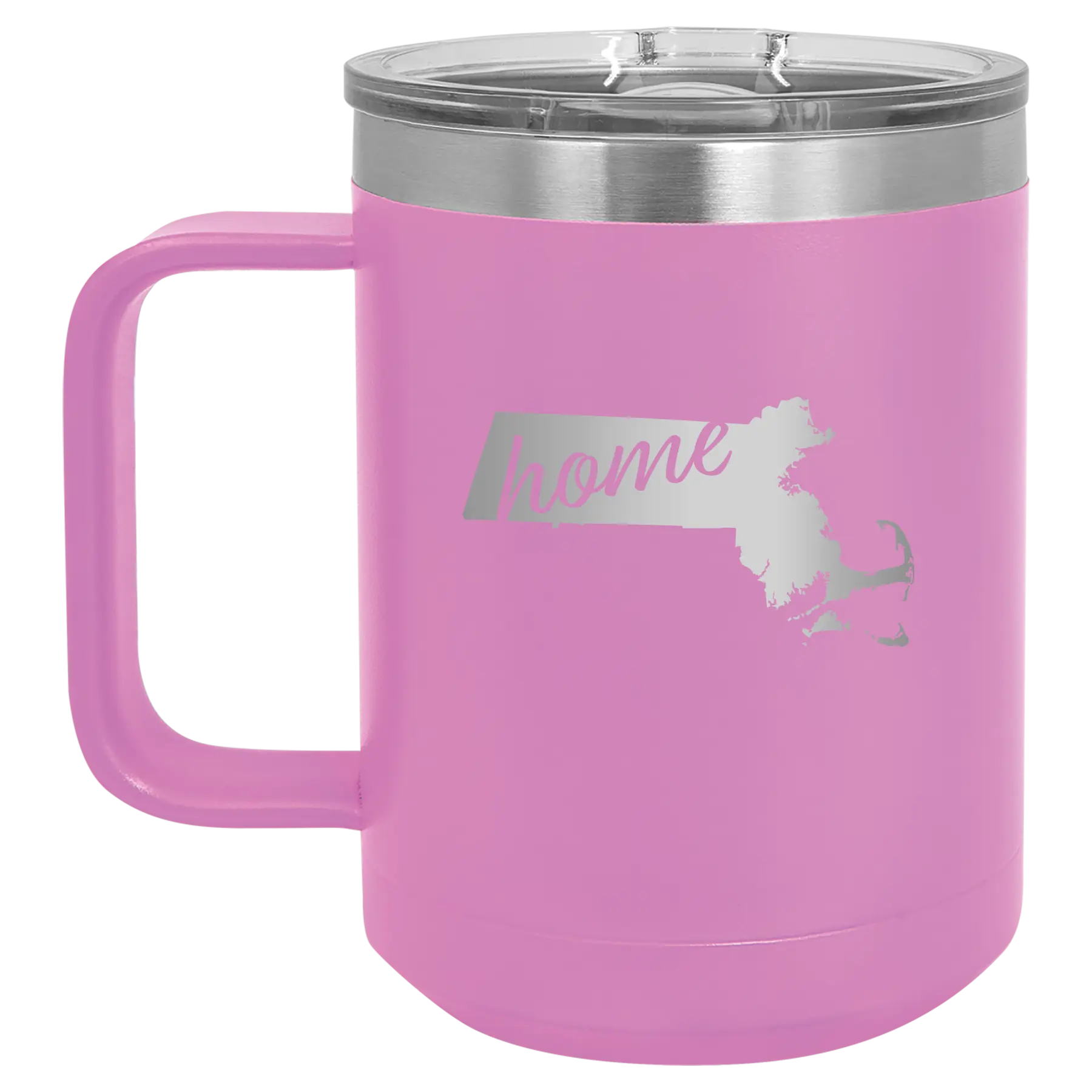 Laser etched light purple 15 oz vacuum insulated coffee mug with 'Massachusetts Home' design
