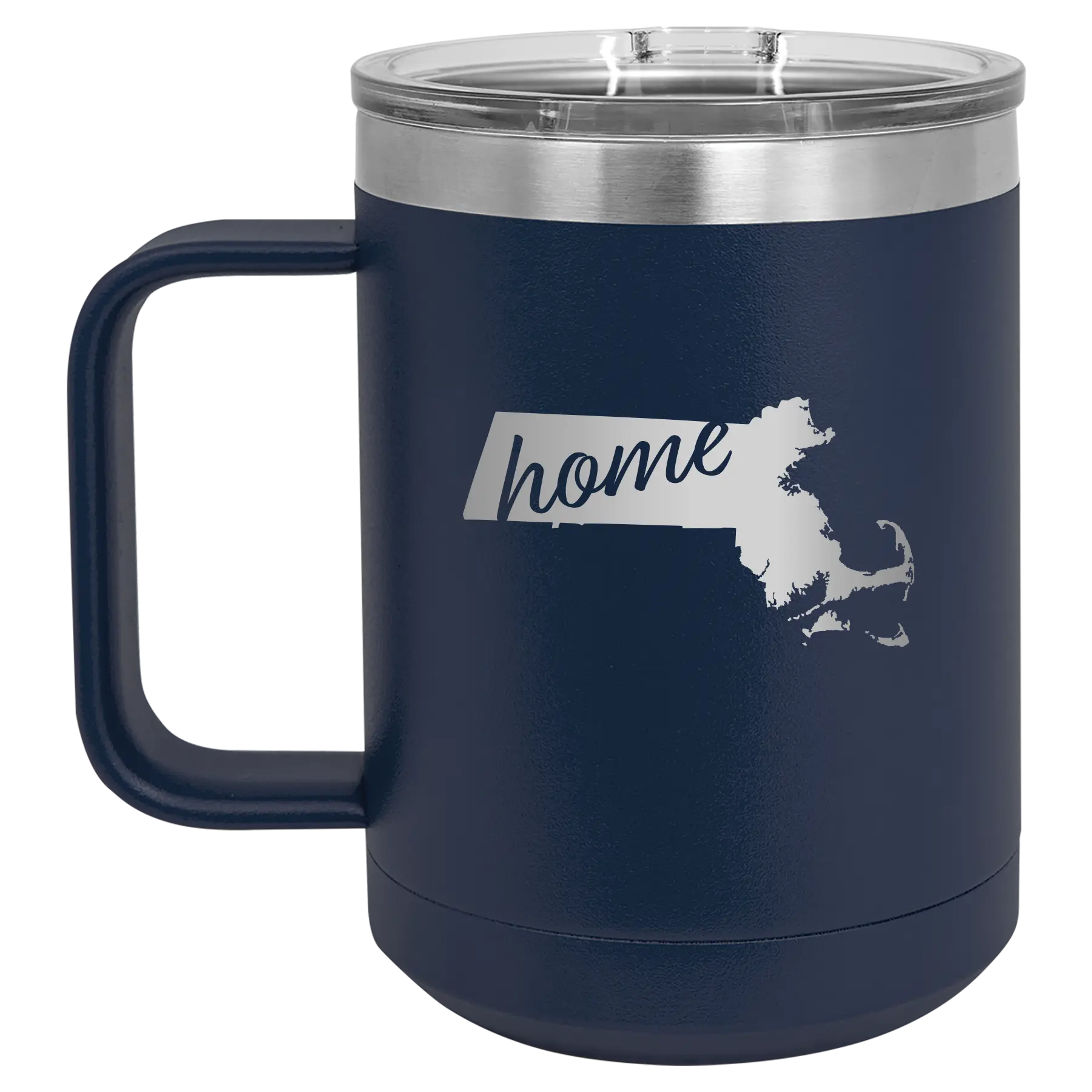 Laser etched navy 15 oz vacuum insulated coffee mug with 'Massachusetts Home' design