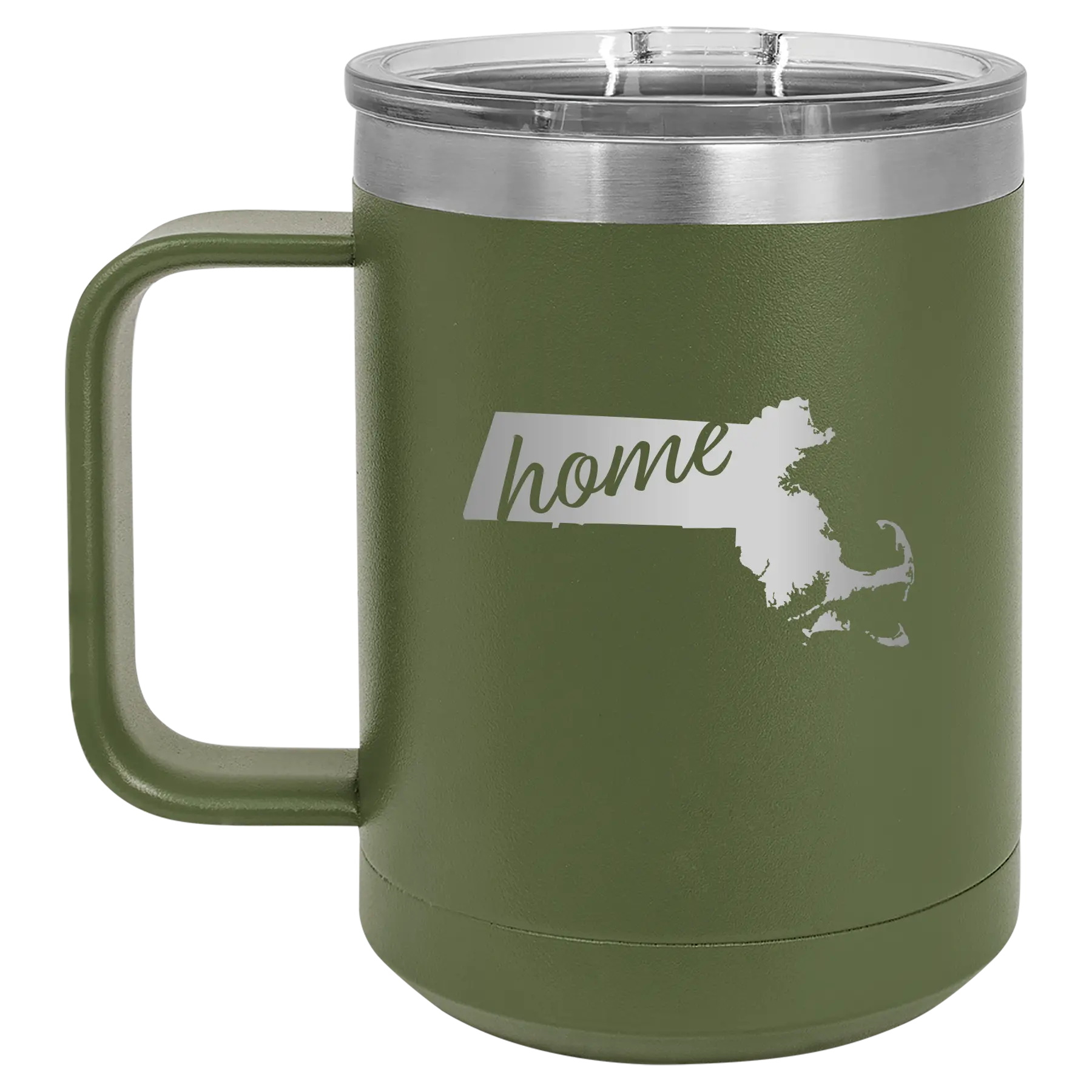 Laser etched olive green 15 oz vacuum insulated coffee mug with 'Massachusetts Home' design