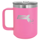 Laser etched pink 15 oz vacuum insulated coffee mug with 'Massachusetts Home' design