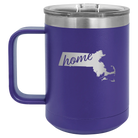 Laser etched purple 15 oz vacuum insulated coffee mug with 'Massachusetts Home' design