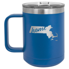 Laser etched royal blue 15 oz vacuum insulated coffee mug with 'Massachusetts Home' design
