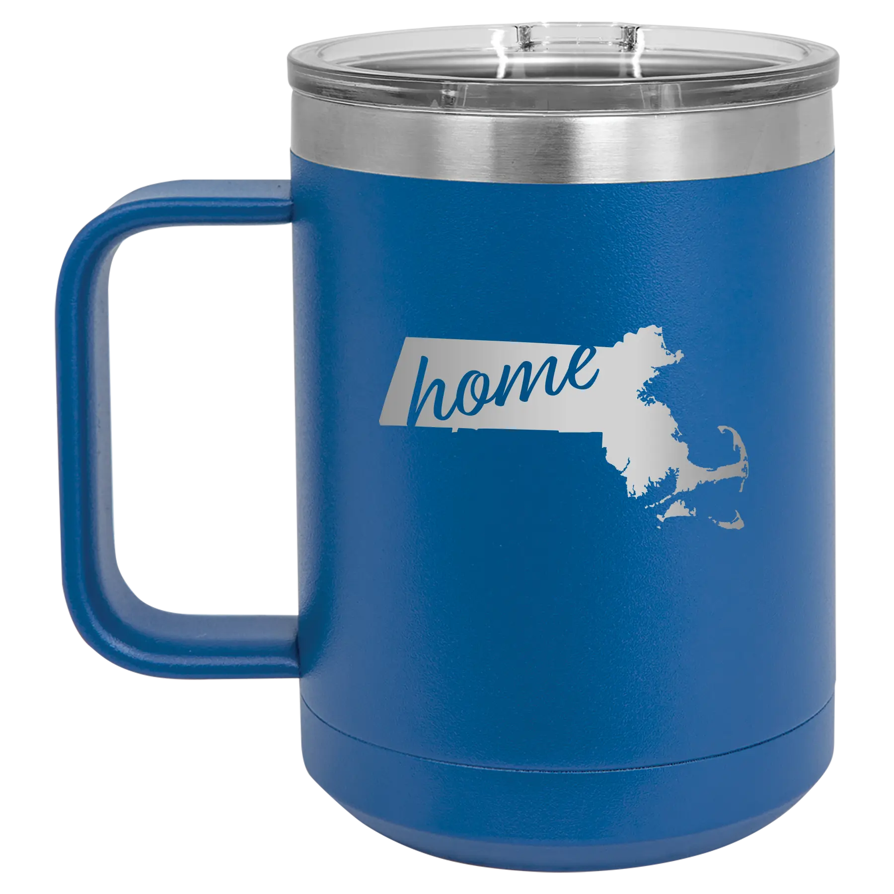 Laser etched royal blue 15 oz vacuum insulated coffee mug with 'Massachusetts Home' design