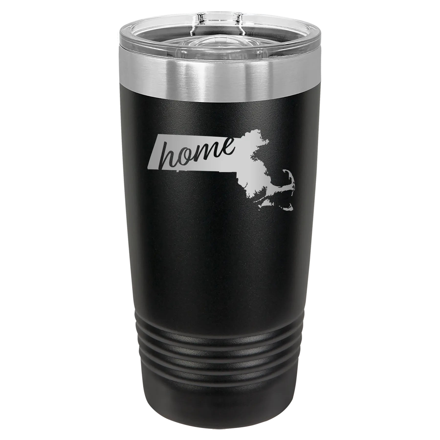Laser etched black 20 oz vacuum insulated tumbler with 'Massachusetts Home' design