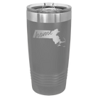 Laser etched dark gray 20 oz vacuum insulated tumbler with 'Massachusetts Home' design