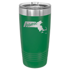 Laser etched green 20 oz vacuum insulated tumbler with 'Massachusetts Home' design