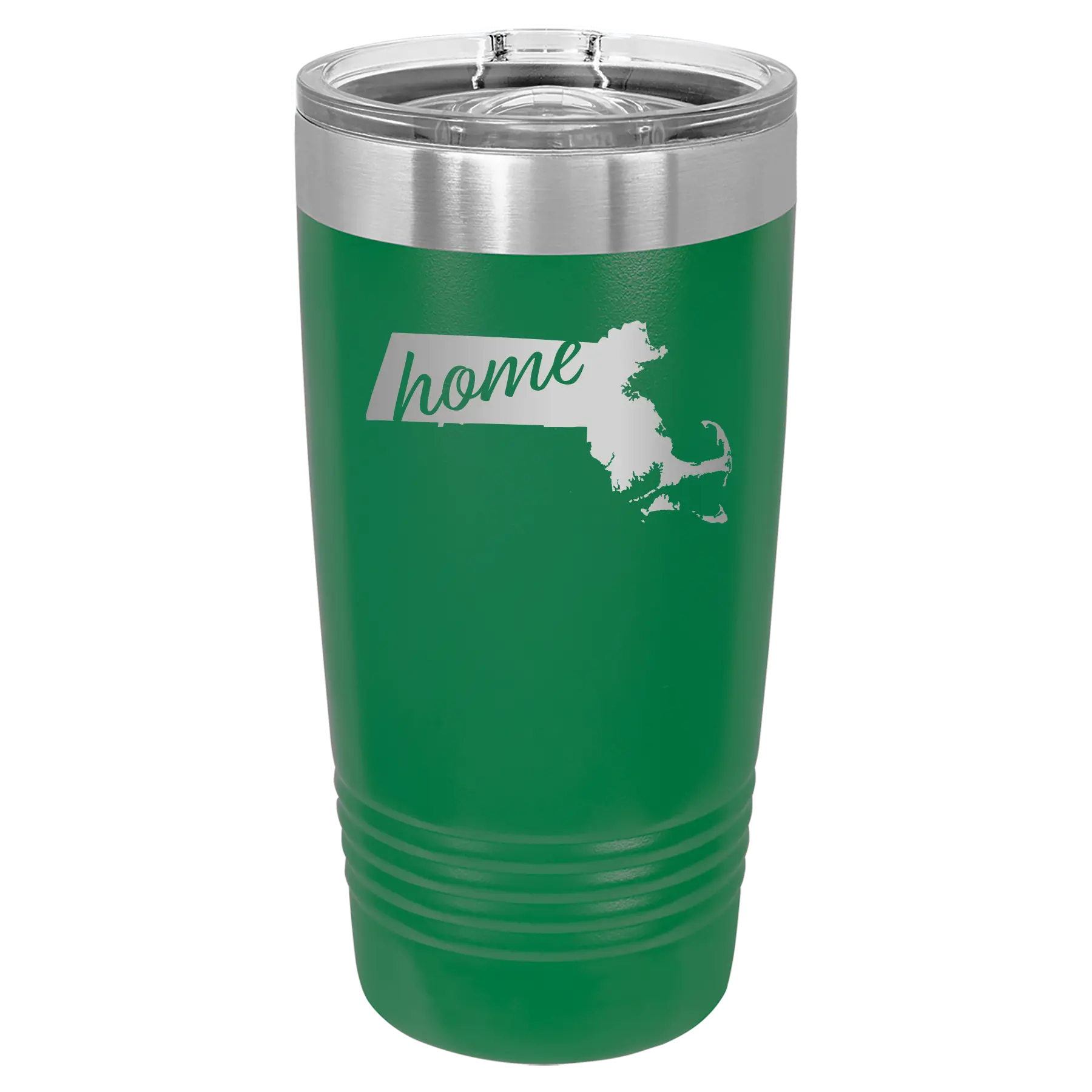 Laser etched green 20 oz vacuum insulated tumbler with 'Massachusetts Home' design