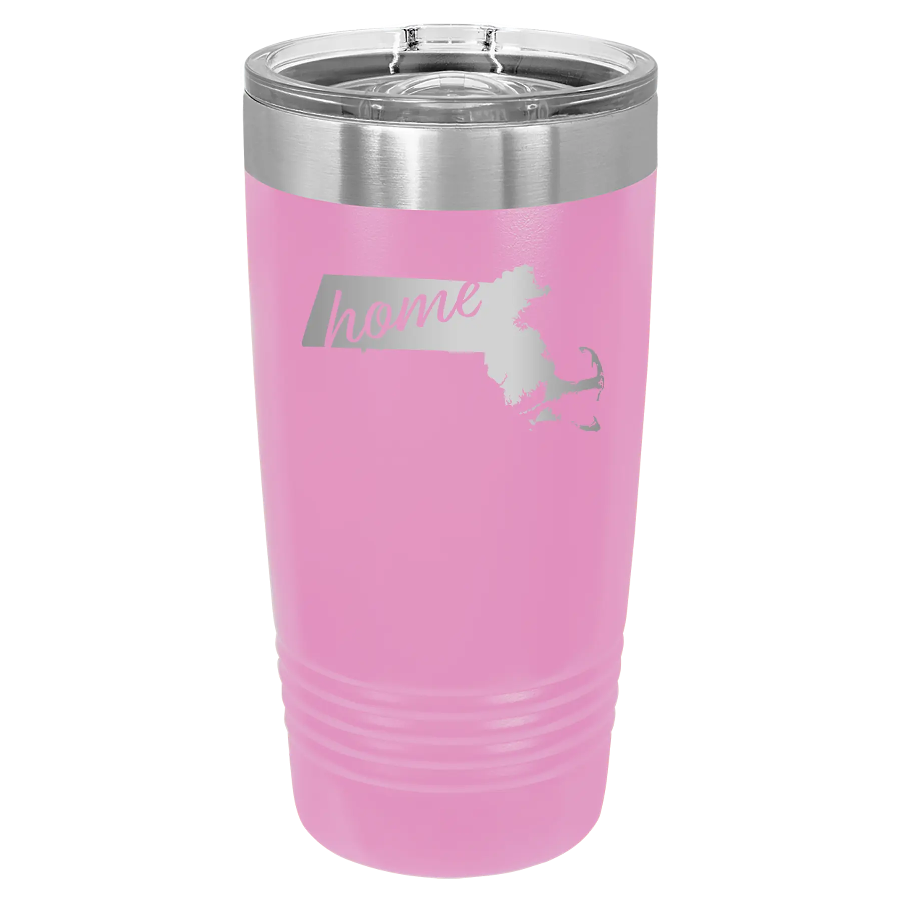 Laser etched light purple 20 oz vacuum insulated tumbler with 'Massachusetts Home' design