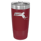 Laser etched maroon 20 oz vacuum insulated tumbler with 'Massachusetts Home' design