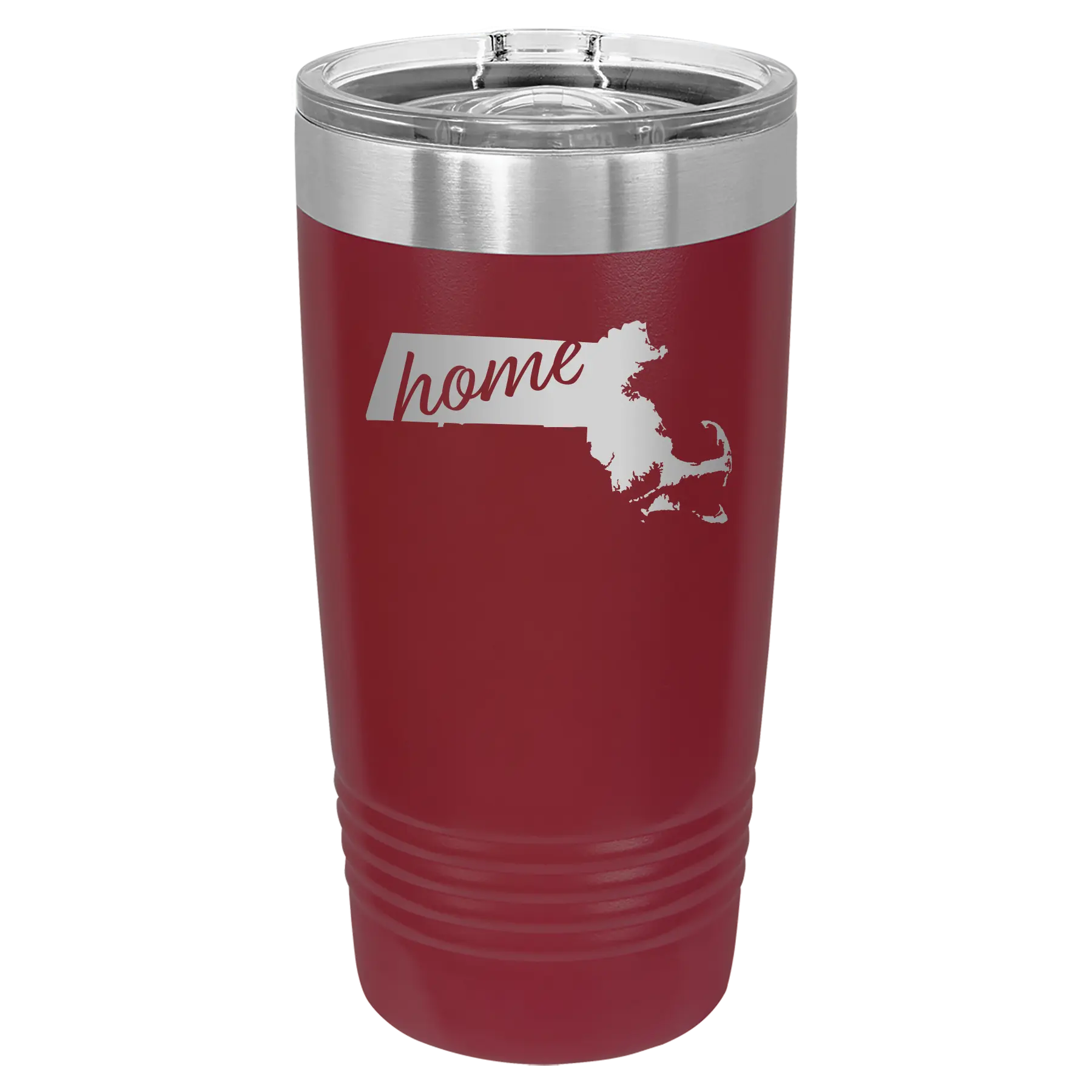 Laser etched maroon 20 oz vacuum insulated tumbler with 'Massachusetts Home' design
