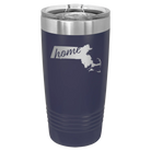 Laser etched navy 20 oz vacuum insulated tumbler with 'Massachusetts Home' design
