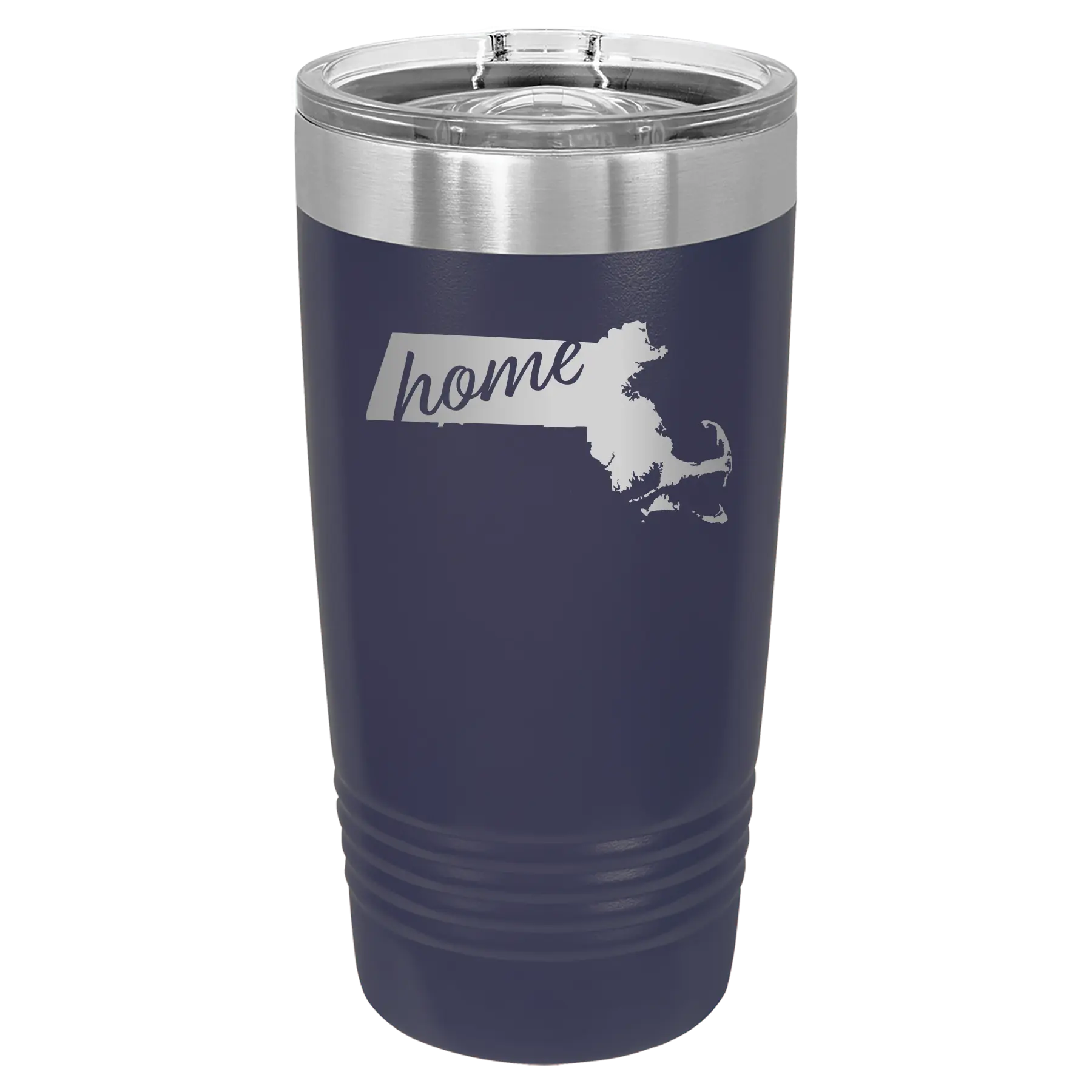 Laser etched navy 20 oz vacuum insulated tumbler with 'Massachusetts Home' design