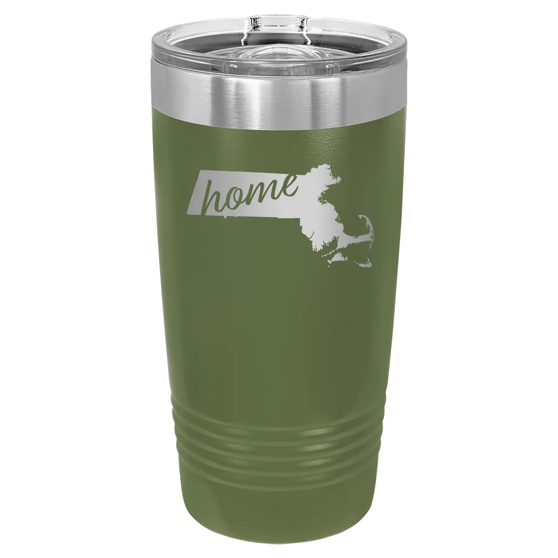 Laser etched olive green 20 oz vacuum insulated tumbler with 'Massachusetts Home' design