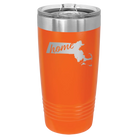 Laser etched orange 20 oz vacuum insulated tumbler with 'Massachusetts Home' design