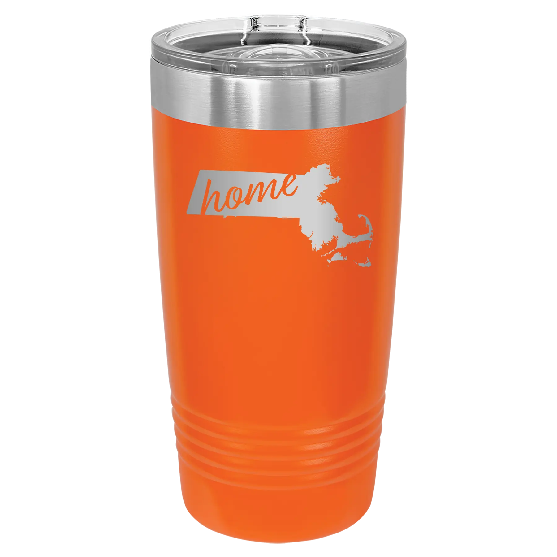 Laser etched orange 20 oz vacuum insulated tumbler with 'Massachusetts Home' design