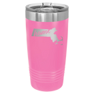Laser etched pink 20 oz vacuum insulated tumbler with 'Massachusetts Home' design
