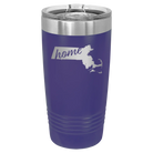 Laser etched purple 20 oz vacuum insulated tumbler with 'Massachusetts Home' design