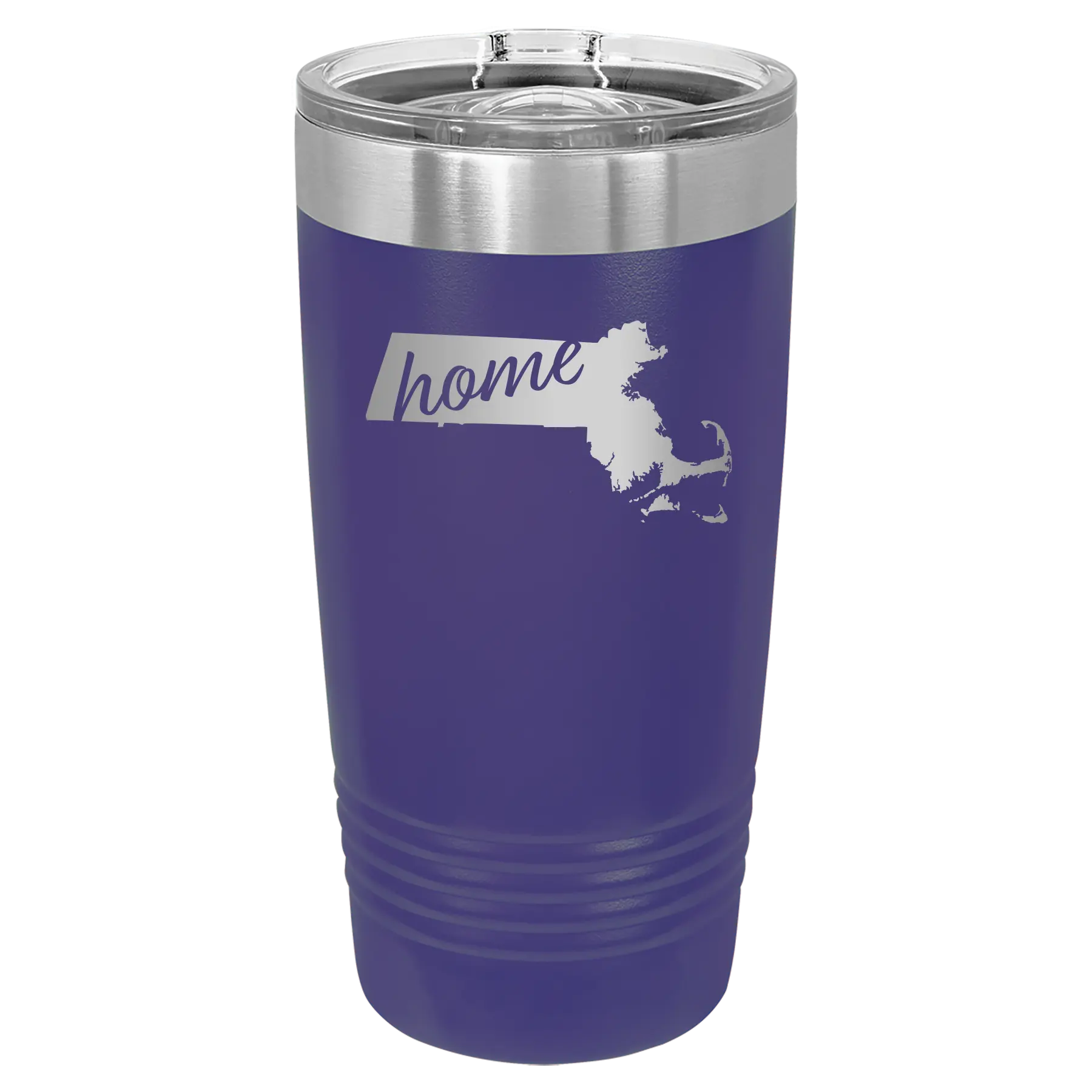 Laser etched purple 20 oz vacuum insulated tumbler with 'Massachusetts Home' design