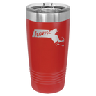 Laser etched red 20 oz vacuum insulated tumbler with 'Massachusetts Home' design