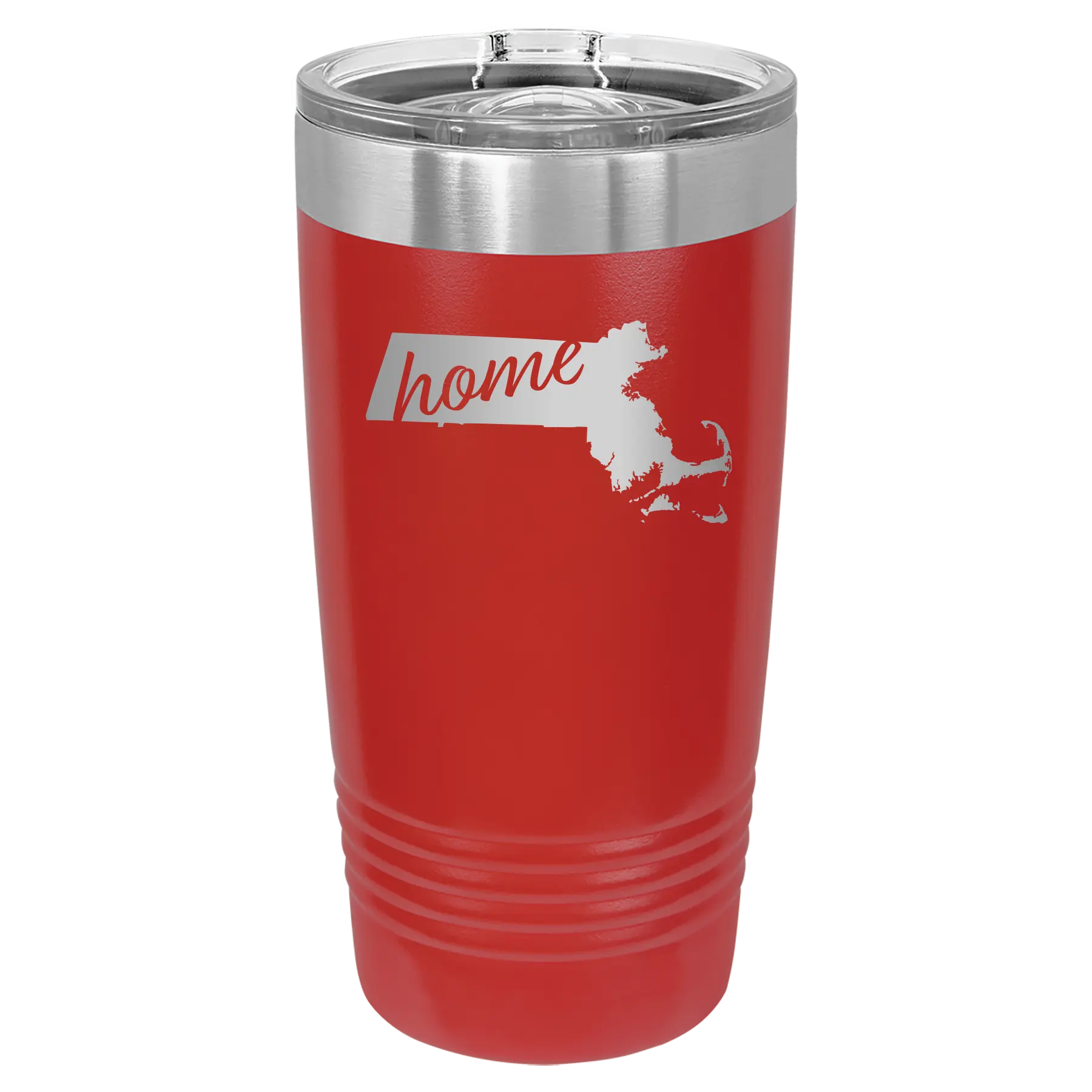 Laser etched red 20 oz vacuum insulated tumbler with 'Massachusetts Home' design