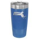 Laser etched royal blue 20 oz vacuum insulated tumbler with 'Massachusetts Home' design