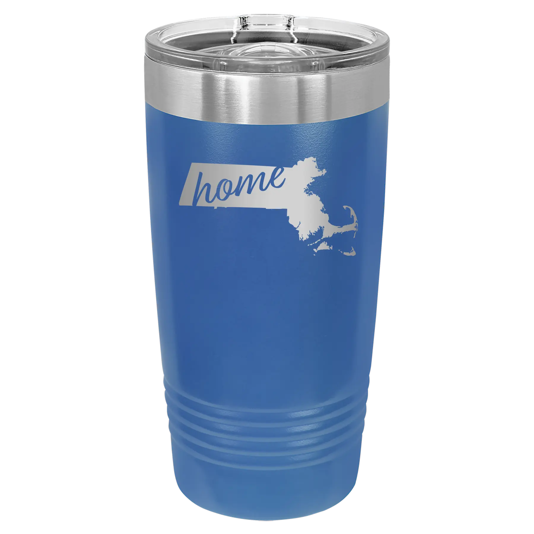 Laser etched royal blue 20 oz vacuum insulated tumbler with 'Massachusetts Home' design