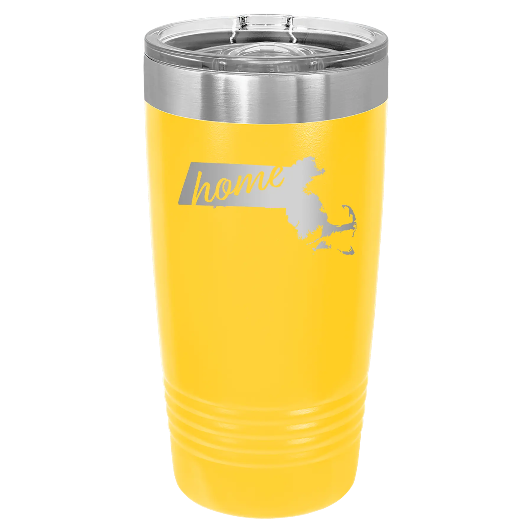 Laser etched yellow 20 oz vacuum insulated tumbler with 'Massachusetts Home' design