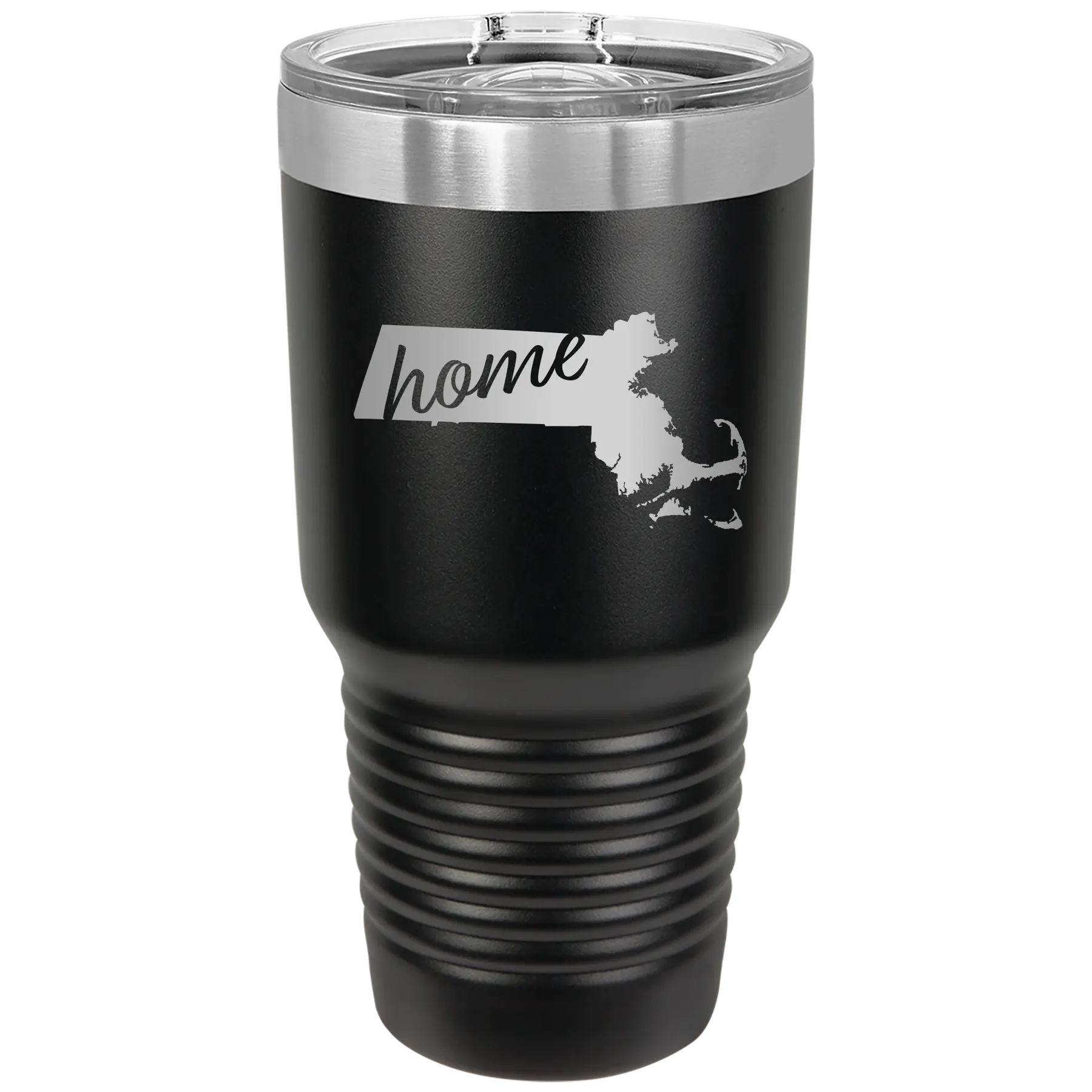 Laser etched black 30 oz vacuum insulated tumbler with 'Massachusetts Home' design