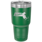 Laser etched green 30 oz vacuum insulated tumbler with 'Massachusetts Home' design