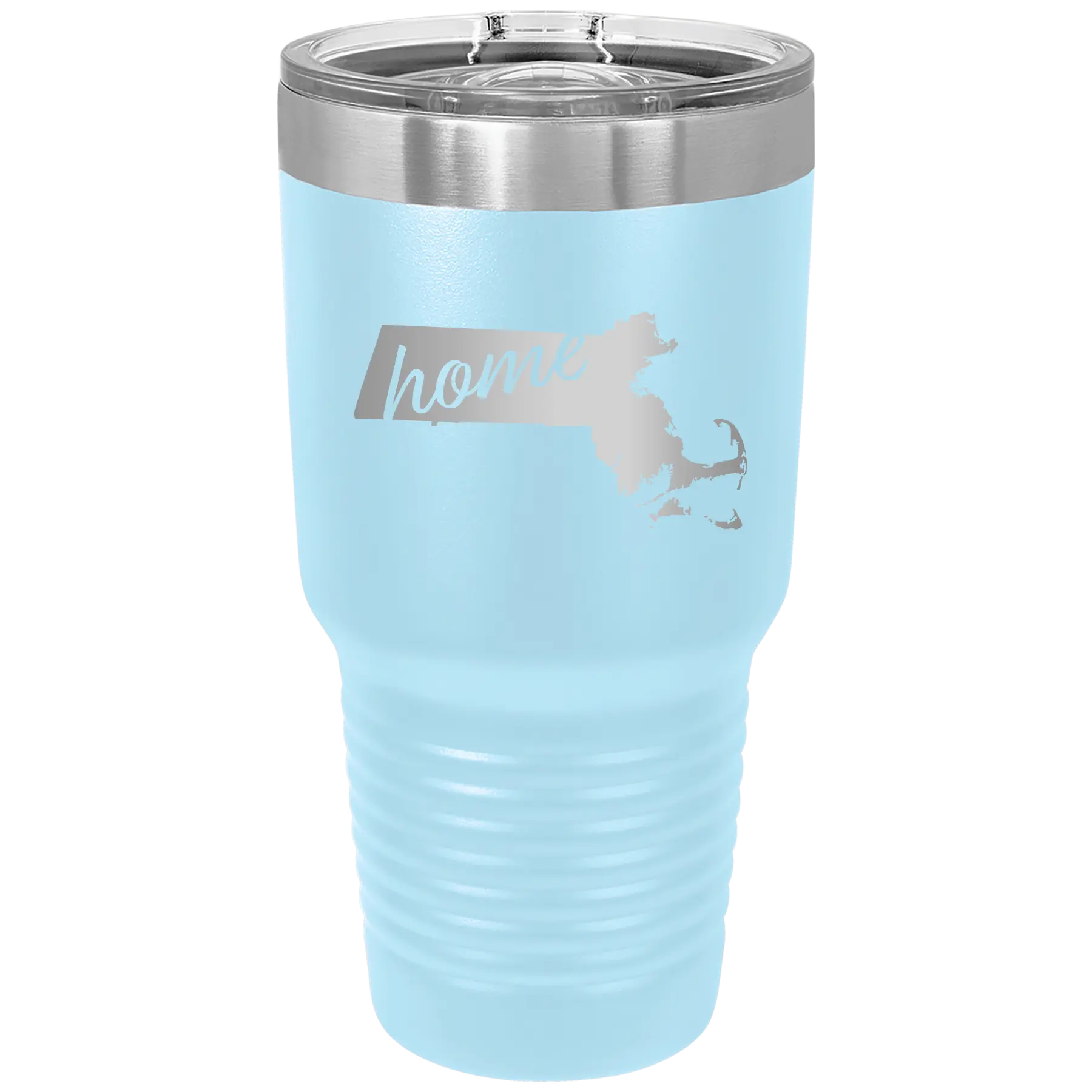 Laser etched light blue 30 oz vacuum insulated tumbler with 'Massachusetts Home' design