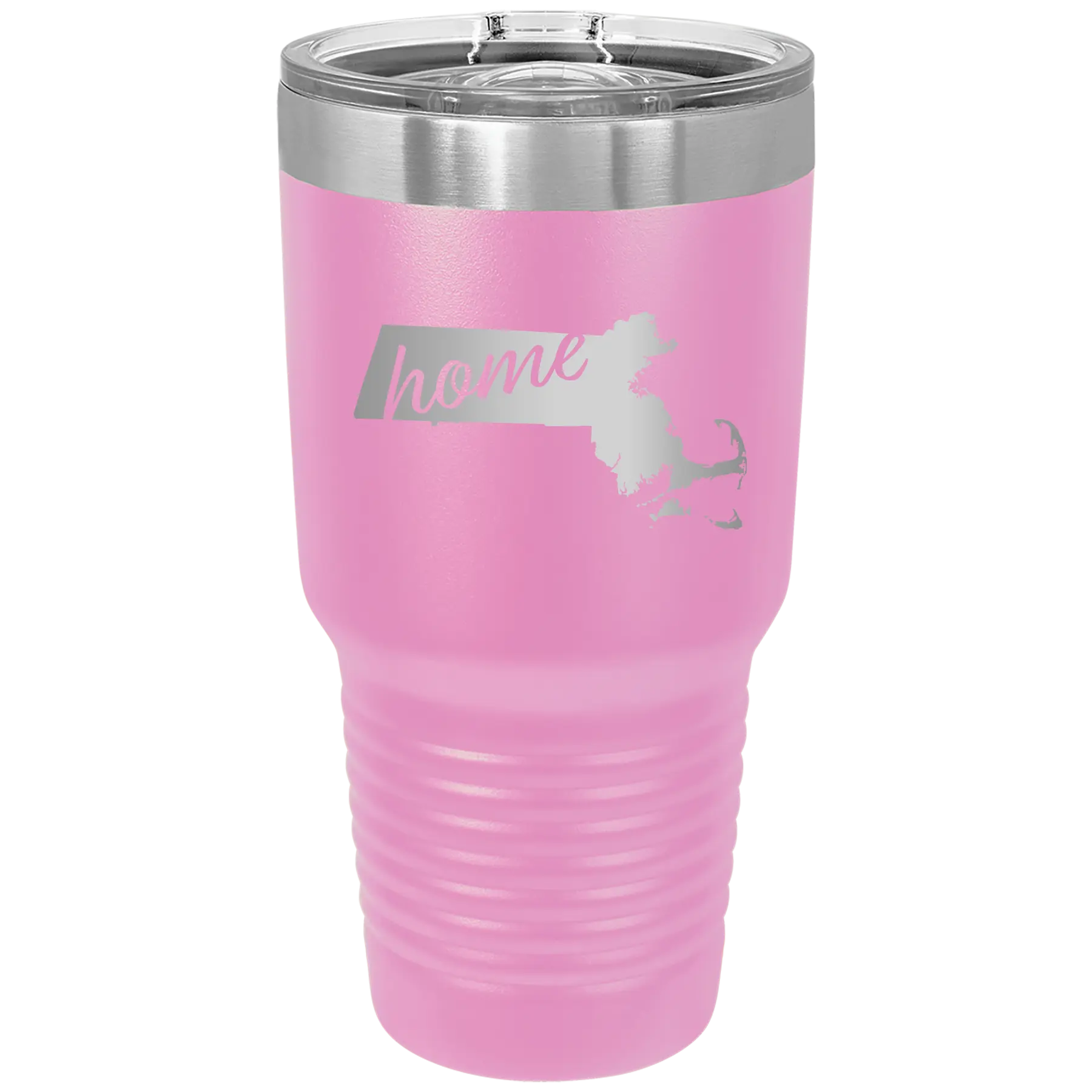 Laser etched light purple 30 oz vacuum insulated tumbler with 'Massachusetts Home' design