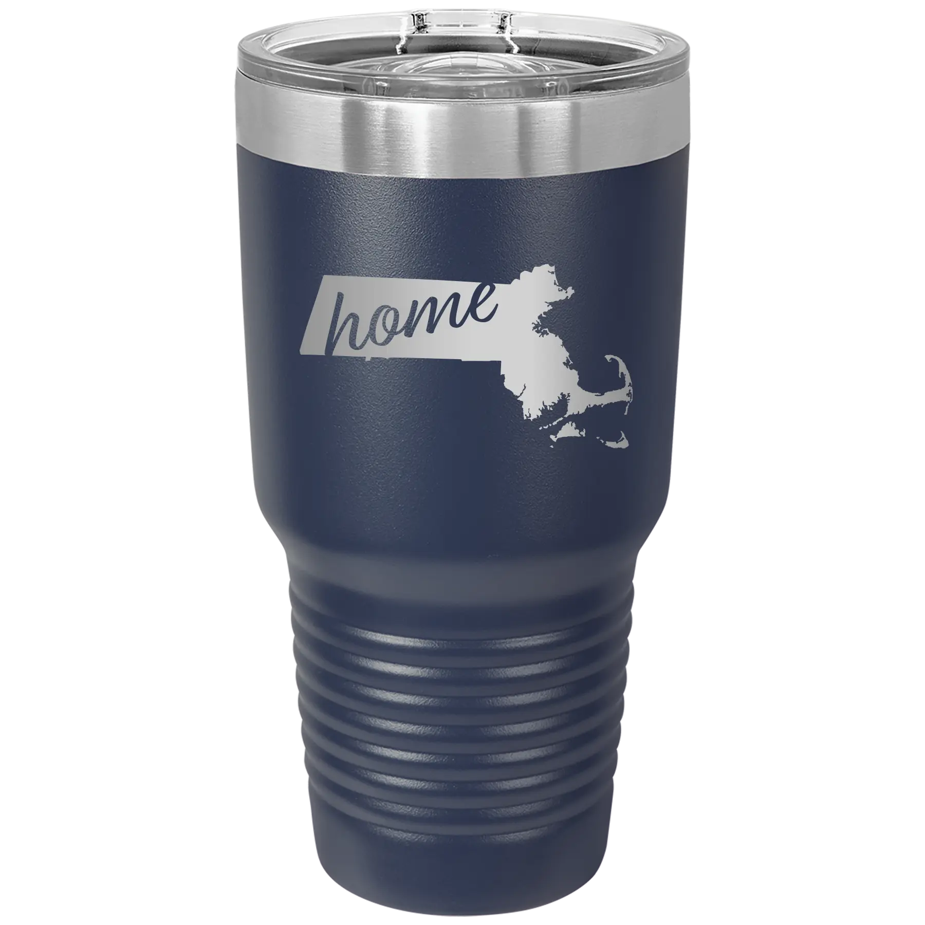 Laser etched navy 30 oz vacuum insulated tumbler with 'Massachusetts Home' design