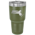 Laser etched olive green 30 oz vacuum insulated tumbler with 'Massachusetts Home' design