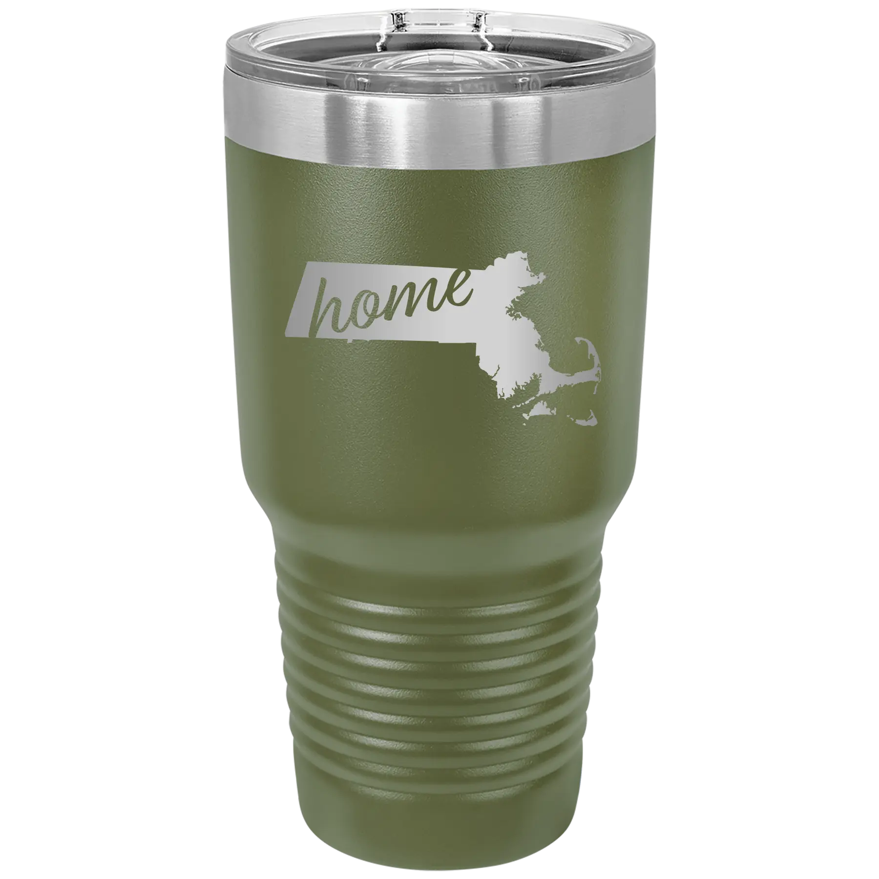 Laser etched olive green 30 oz vacuum insulated tumbler with 'Massachusetts Home' design